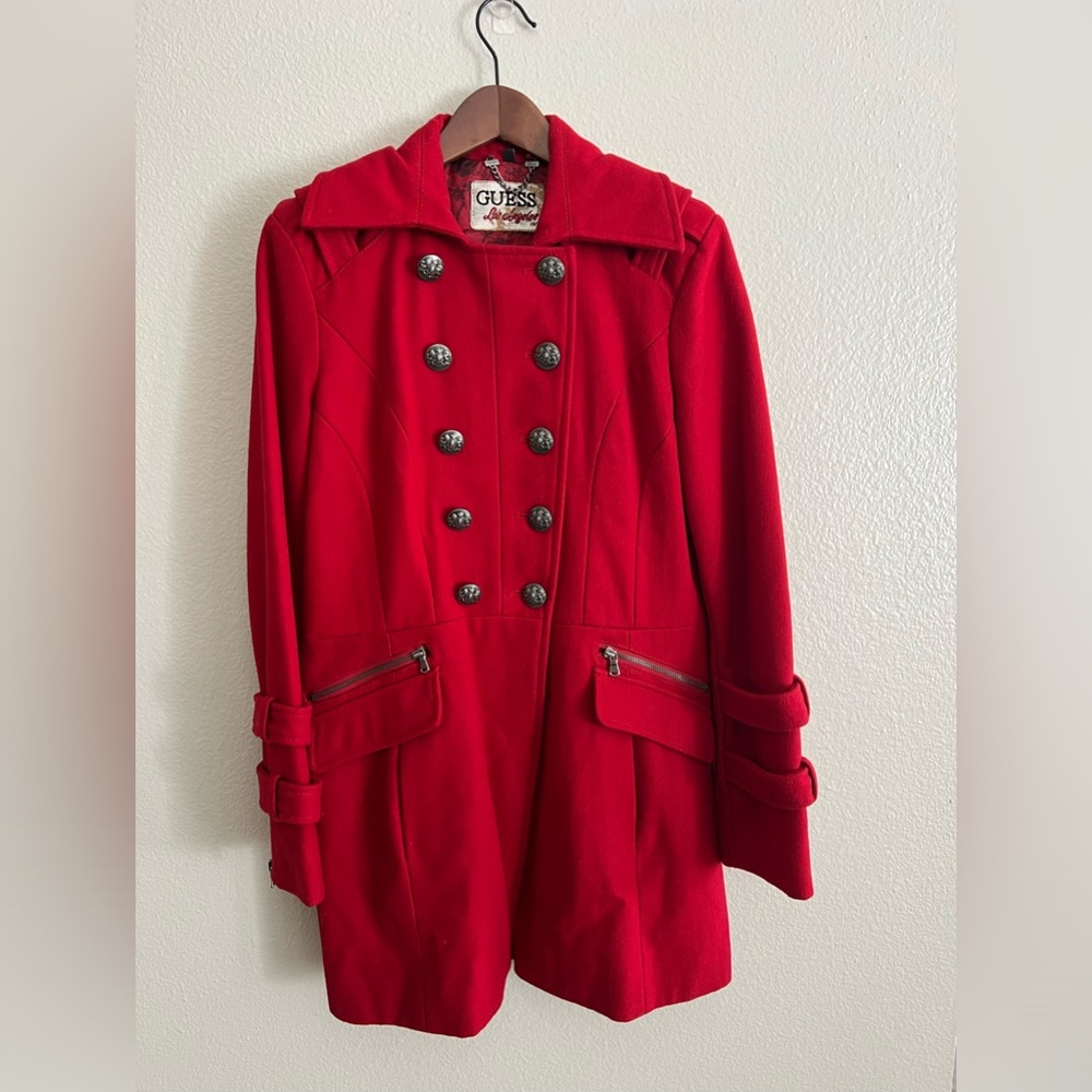 Vintage Guess Los Angeles Red Button Up Wool Blend Peacoat Size M - Picture 16 of 16